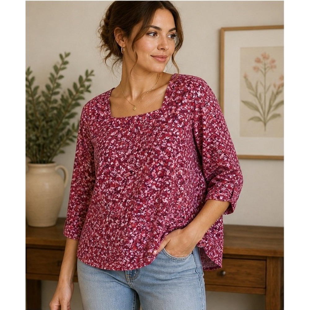 Romantic Peasant Box Blouse L 12-14 Floral Cotton Linen Square Neck Boho Cottage